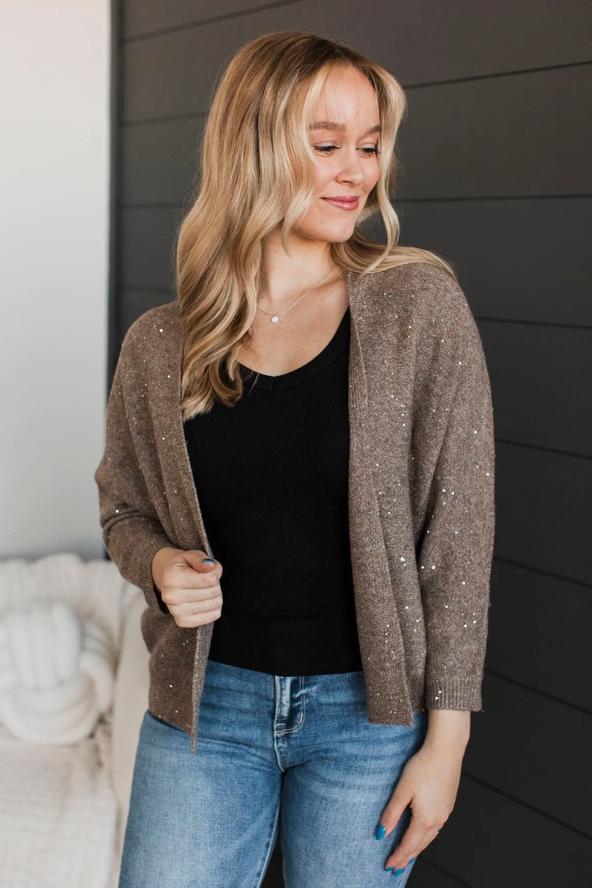 Looking Sophisticated Sequin Knit Cardigan- Mocha