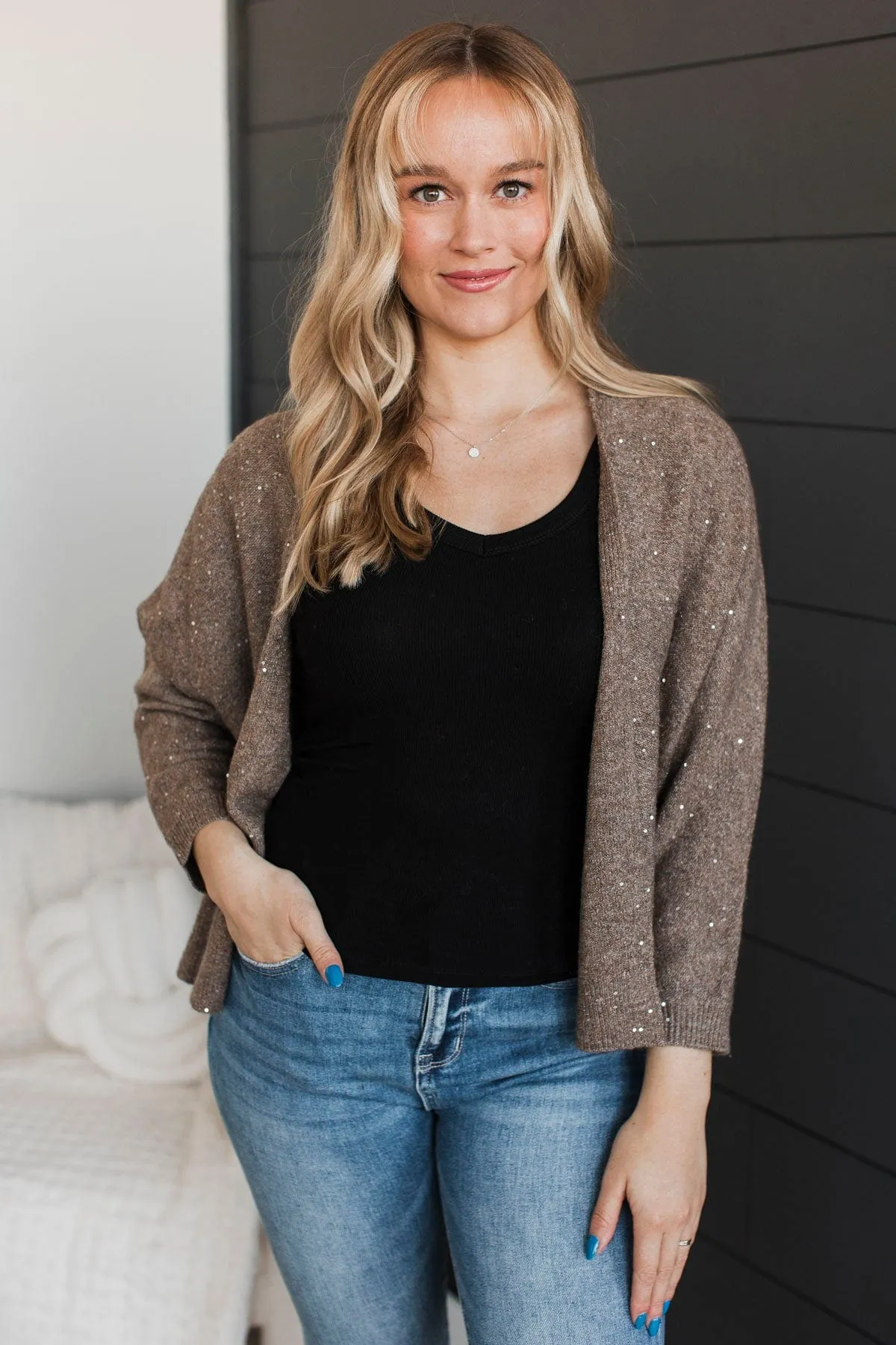 Looking Sophisticated Sequin Knit Cardigan- Mocha