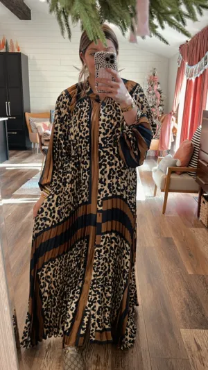 Loudly Leopard Pleated Maxi Dress - Navy