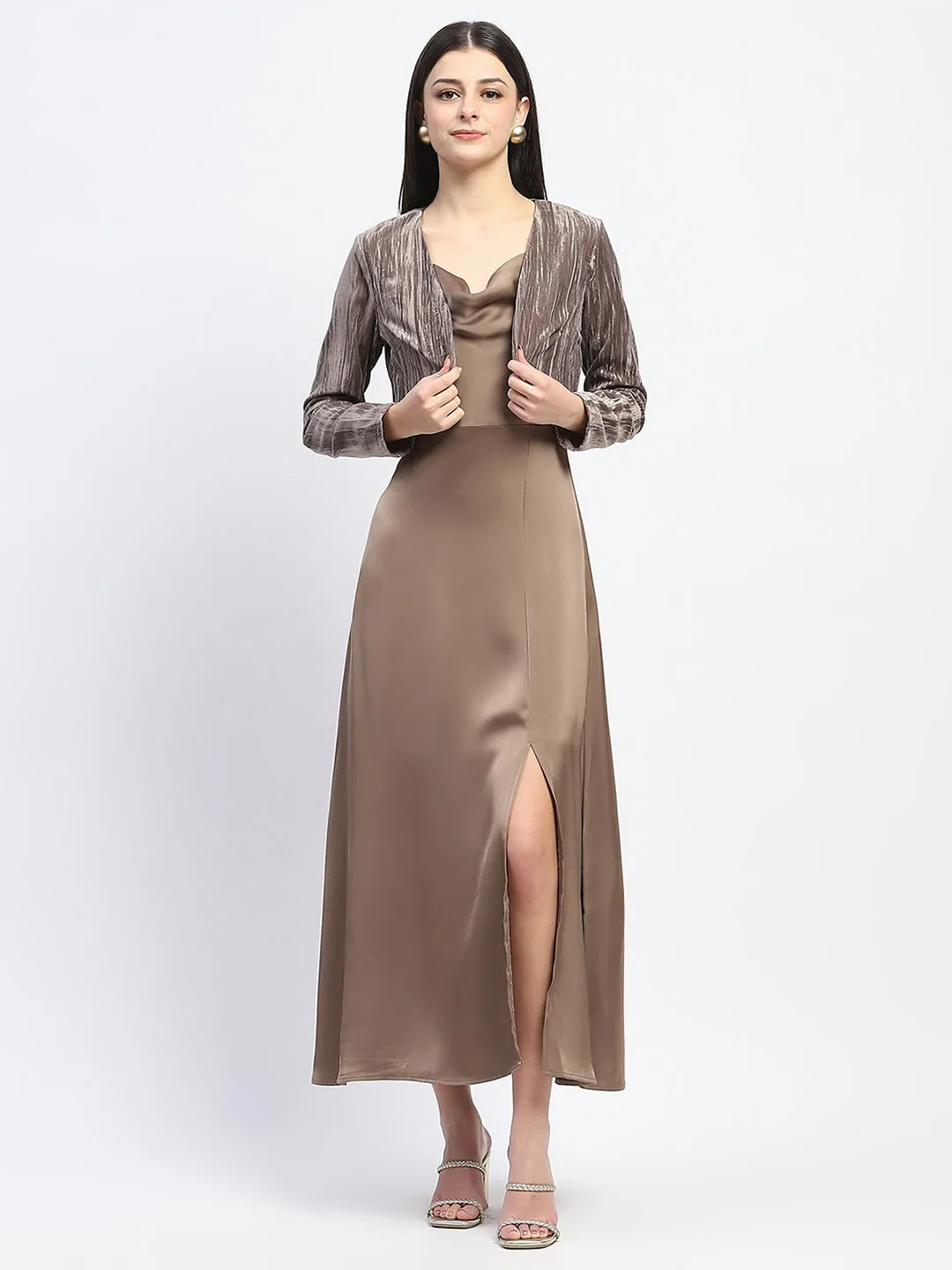 Madame Cowl Neck Golden Satin Maxi Dress