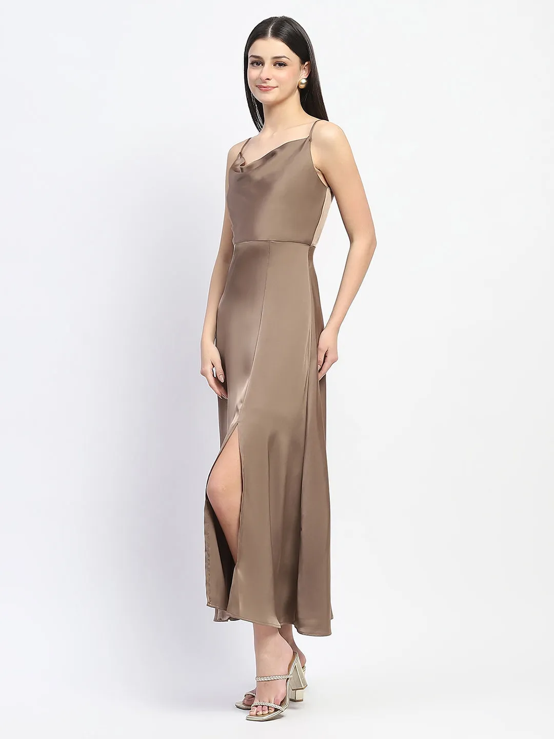 Madame Cowl Neck Golden Satin Maxi Dress