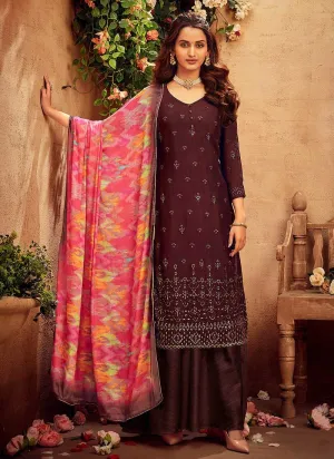 Maroon Embroidered Palazzo Style Suit