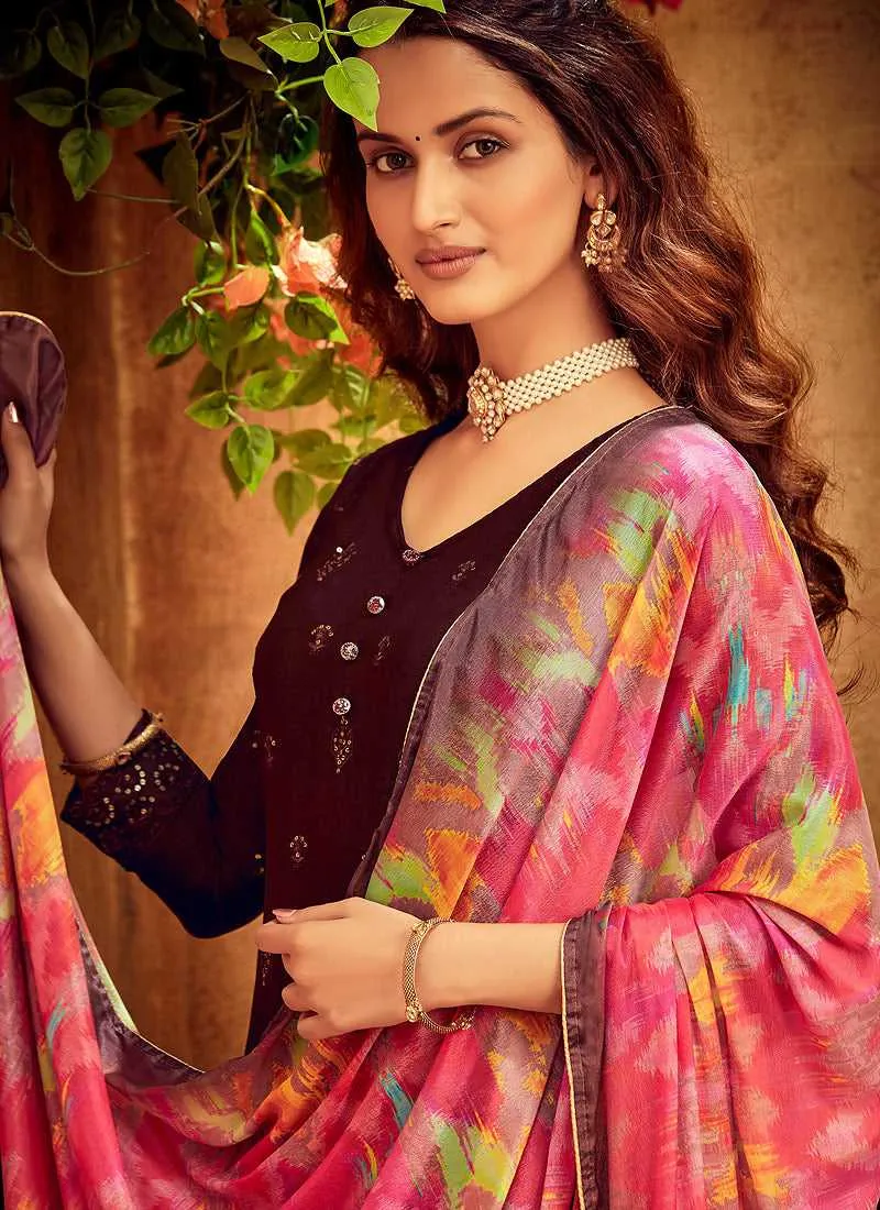 Maroon Embroidered Palazzo Style Suit