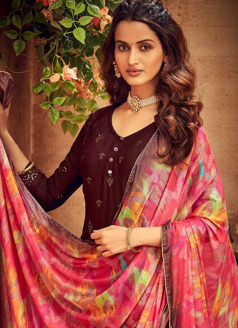 Maroon Embroidered Palazzo Style Suit