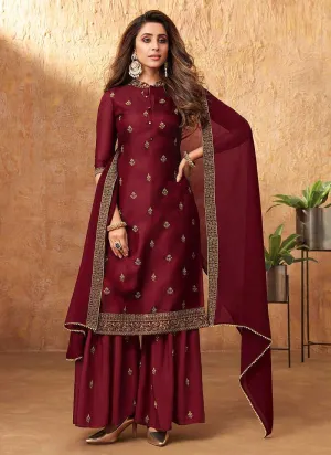 Maroon Embroidered Silk Palazzo Style Suit