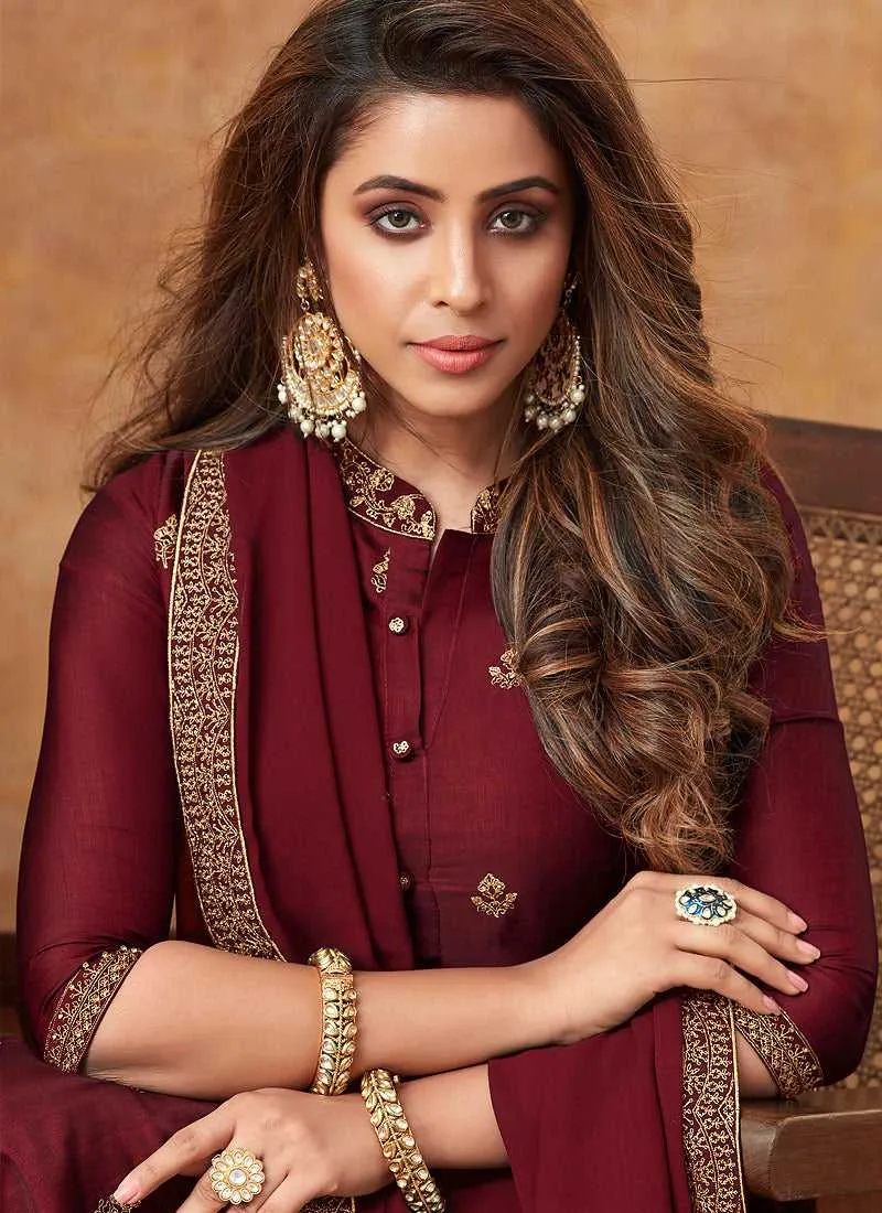 Maroon Embroidered Silk Palazzo Style Suit