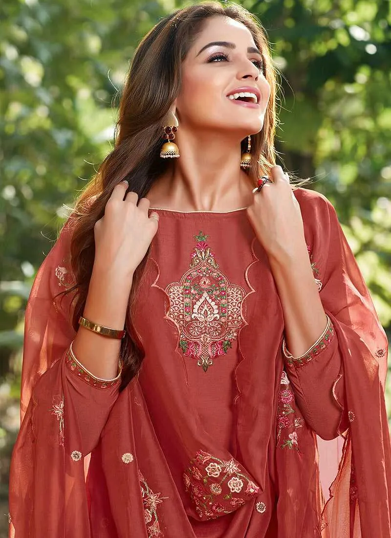 Maroon Embroidered Straight Pant Style Suit