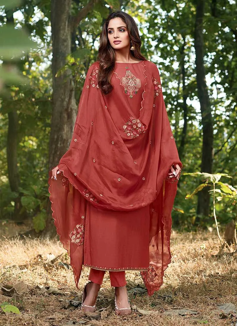 Maroon Embroidered Straight Pant Style Suit