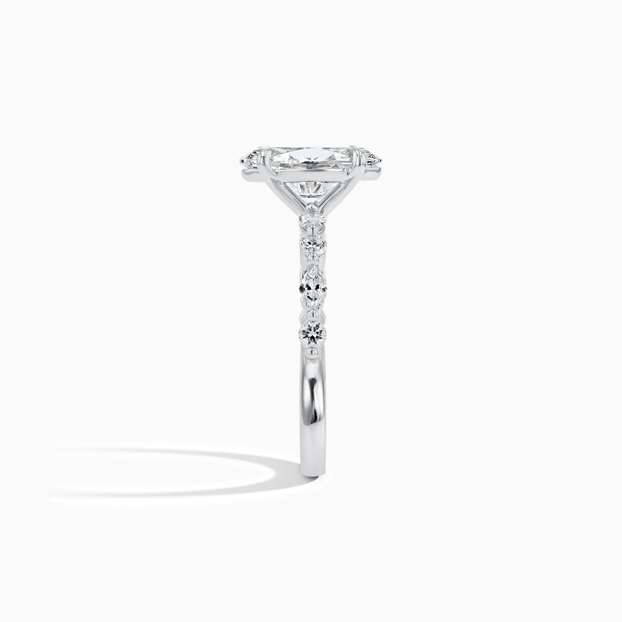 Marquise & Round Side Stone Setting 2 ct. Oval-Cut Engagement Ring in 18K White Gold size 6.5