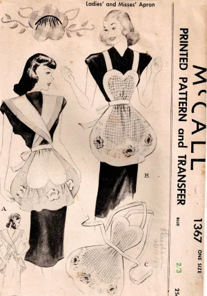 McCall 1367 RARE Womens Retro Frilly Pinup Aprons with Embroidery Transfers 1940s Vintage Sewing Pattern ONE SIZE