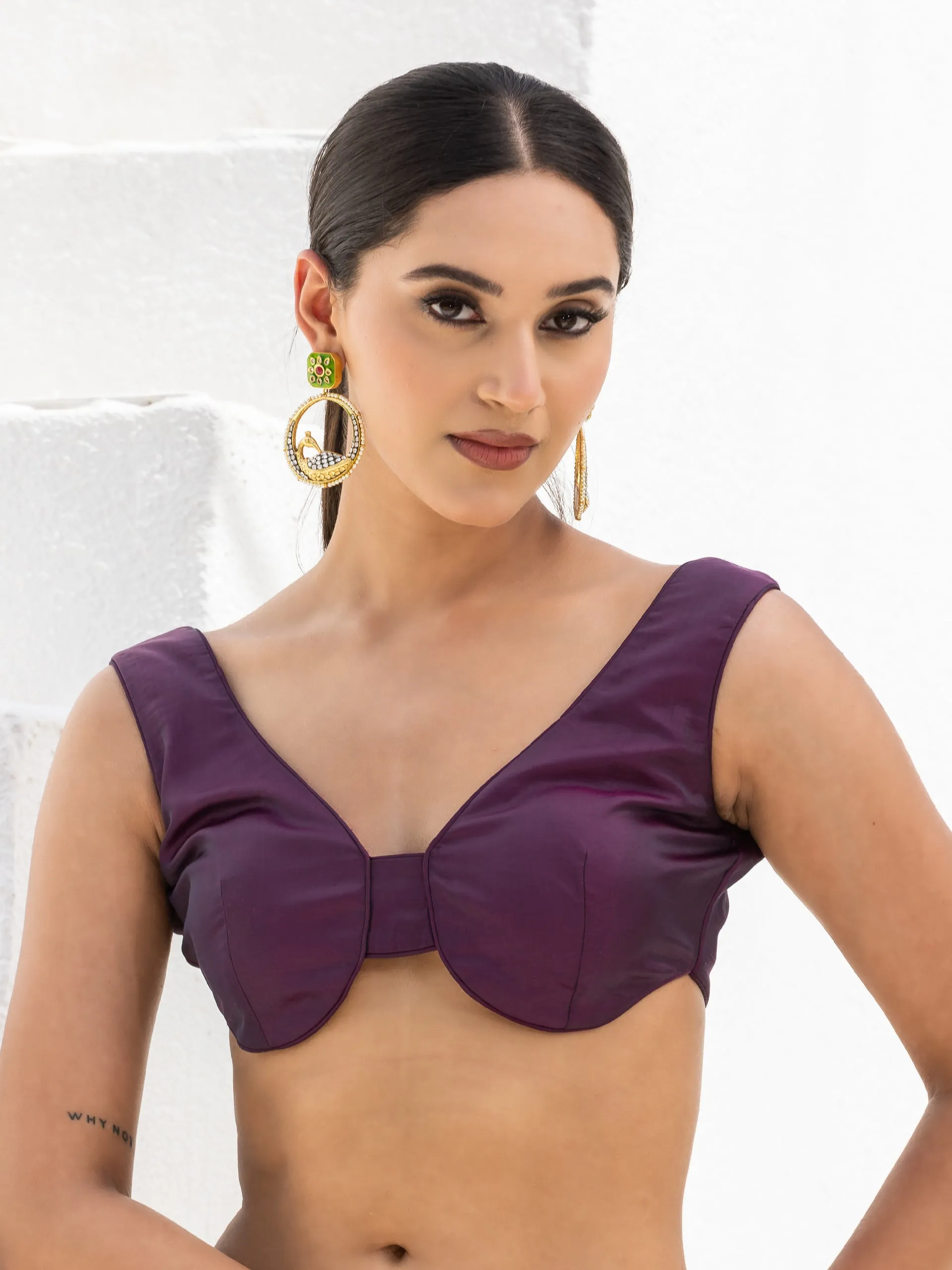 Mulberry Purple Dual Shade Satin Saree with Beaded Pendant and Blouse Fabric