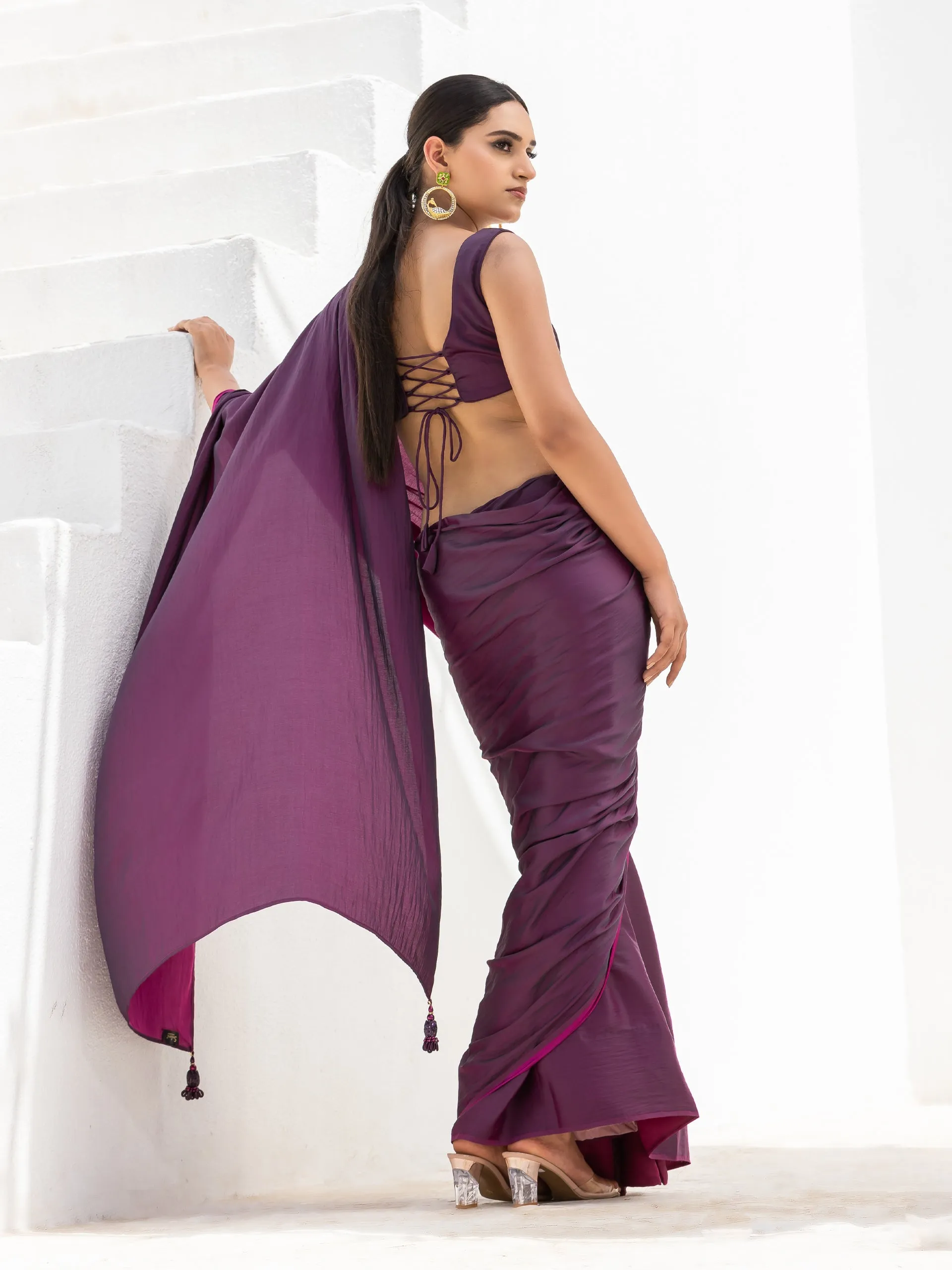 Mulberry Purple Dual Shade Satin Saree with Beaded Pendant and Blouse Fabric