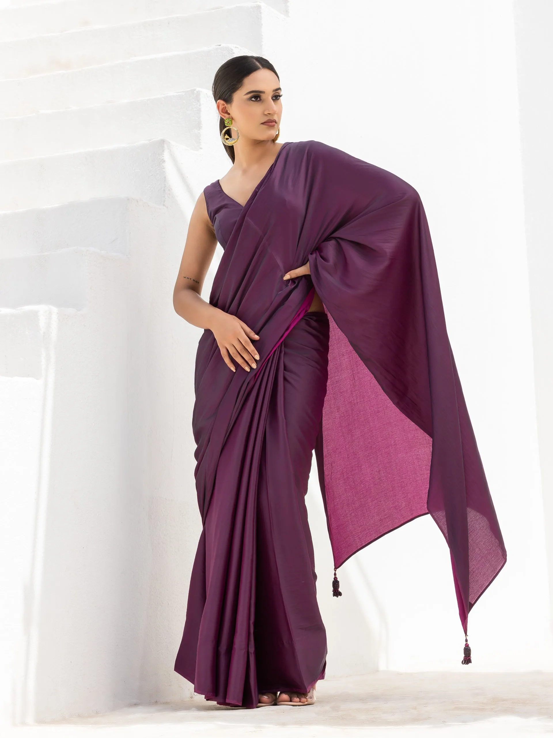 Mulberry Purple Dual Shade Satin Saree with Beaded Pendant and Blouse Fabric