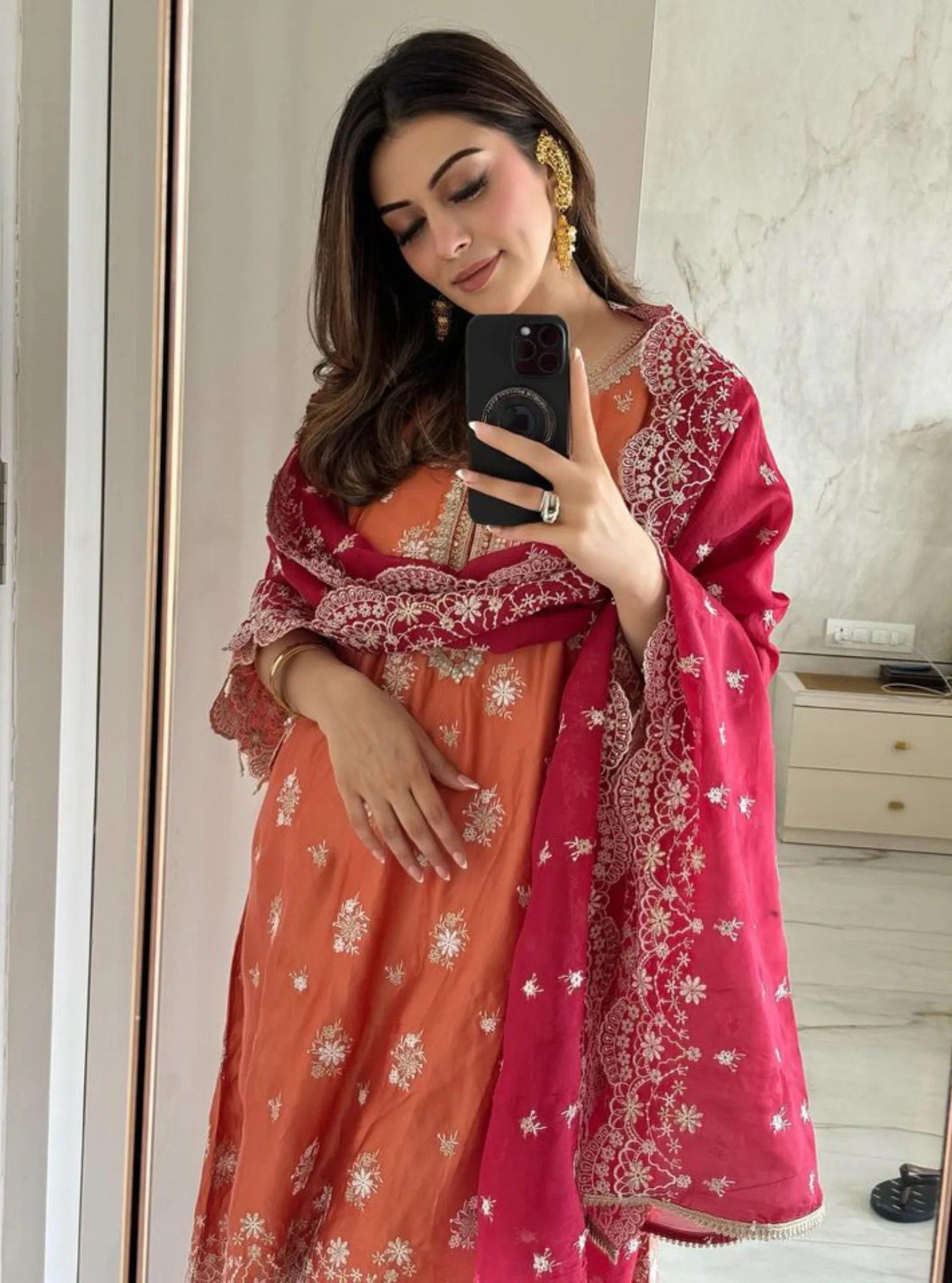 Mulmul Bemberg Satin Kangna Burnt Orange Kurta With Mulmul Bemberg Satin Kangna Burnt Orange Pant