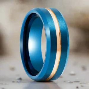 MYSTICRIDGE | Blue Tungsten Ring, Rose Gold Groove, Brushed, Beveled