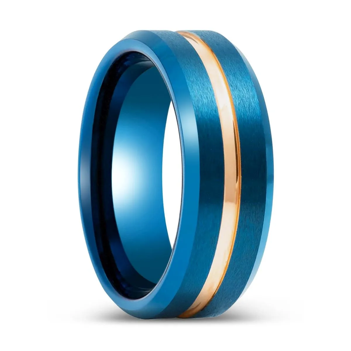 MYSTICRIDGE | Blue Tungsten Ring, Rose Gold Groove, Brushed, Beveled