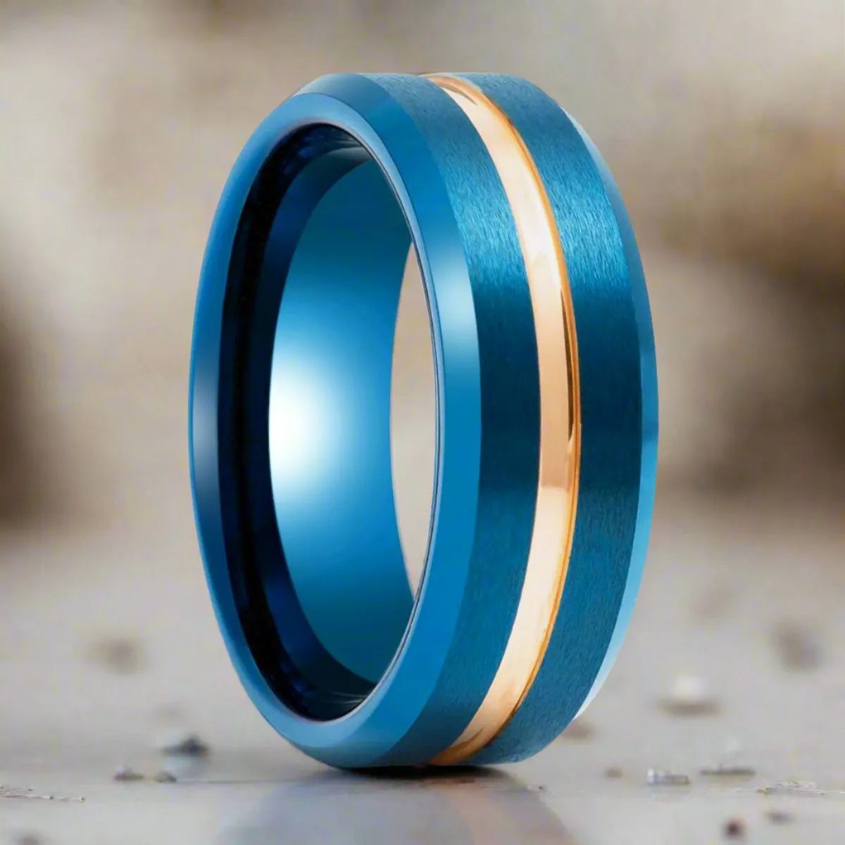 MYSTICRIDGE | Blue Tungsten Ring, Rose Gold Groove, Brushed, Beveled