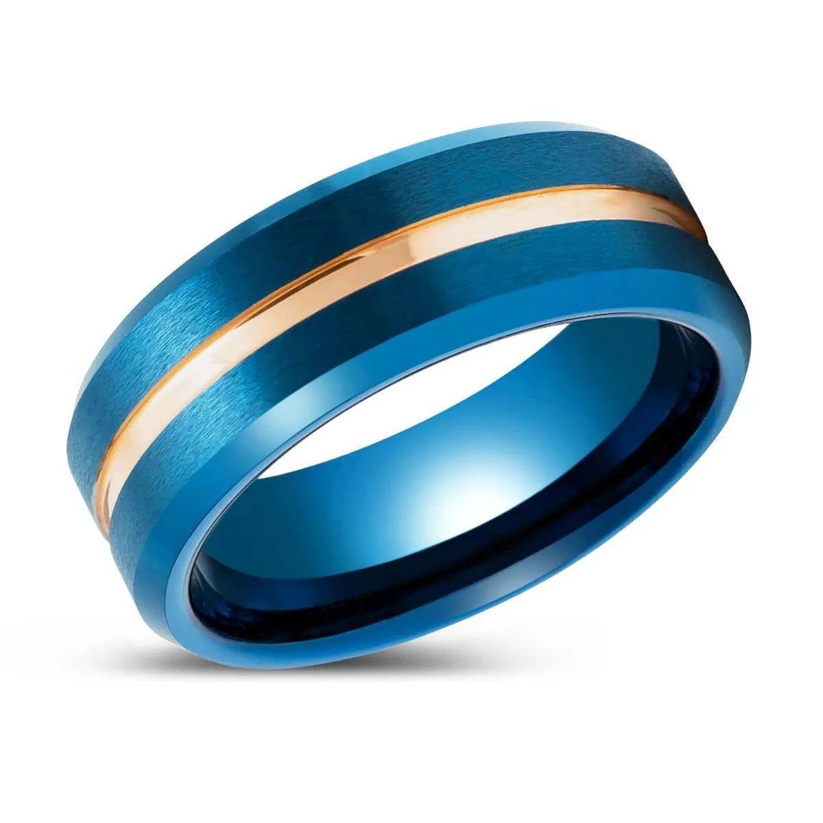 MYSTICRIDGE | Blue Tungsten Ring, Rose Gold Groove, Brushed, Beveled