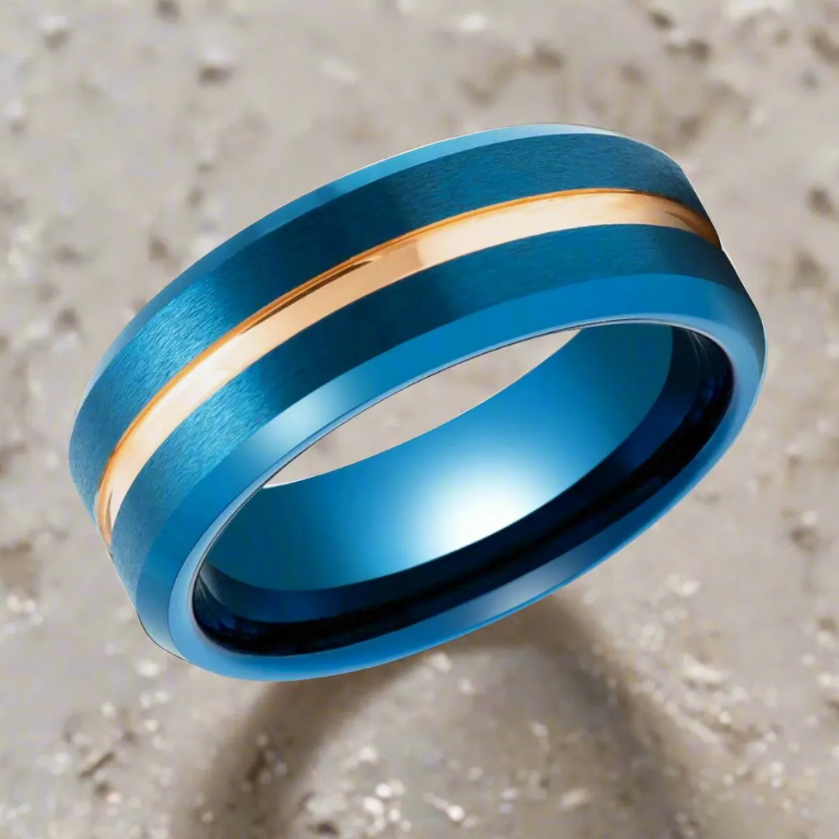MYSTICRIDGE | Blue Tungsten Ring, Rose Gold Groove, Brushed, Beveled