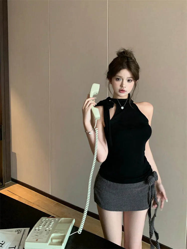 N12 Series Ribbon Turtleneck Sleeveless Gentle Graceful Vest   Hot Girl Rose Skirt