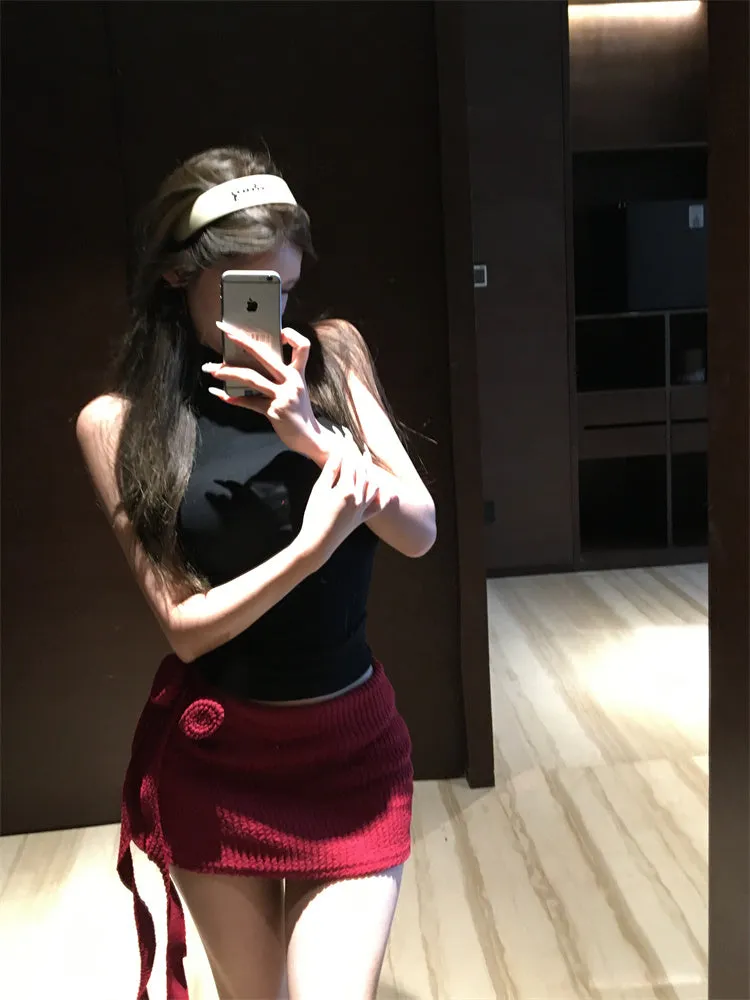 N12 Series Ribbon Turtleneck Sleeveless Gentle Graceful Vest   Hot Girl Rose Skirt