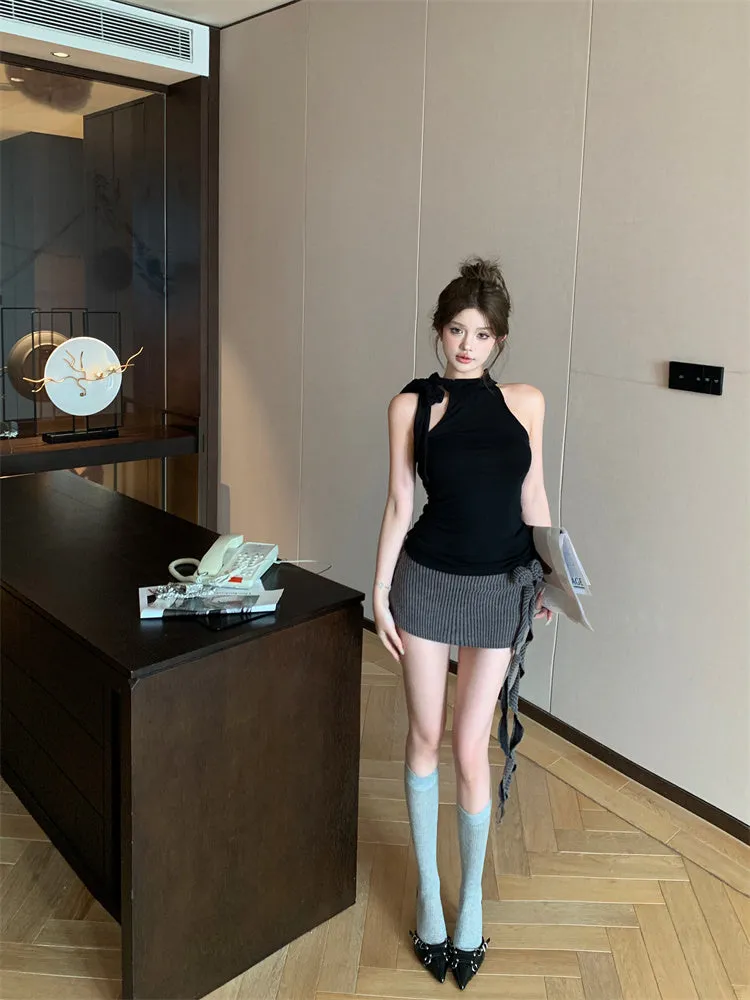 N12 Series Ribbon Turtleneck Sleeveless Gentle Graceful Vest   Hot Girl Rose Skirt