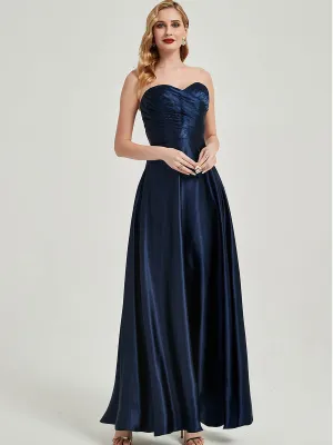 Navy Blue Satin Sweetheart Strapless Maxi Pleated Bridesmaid Dress