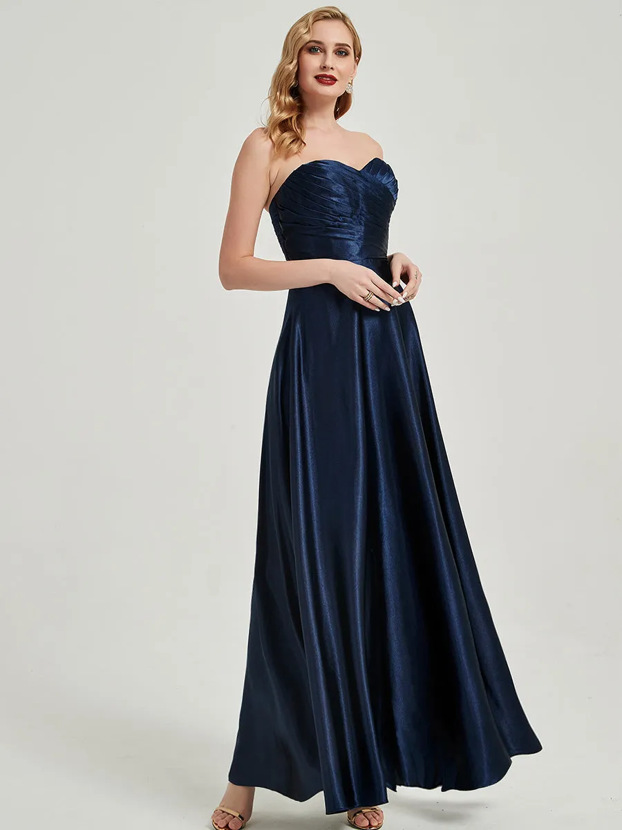 Navy Blue Satin Sweetheart Strapless Maxi Pleated Bridesmaid Dress