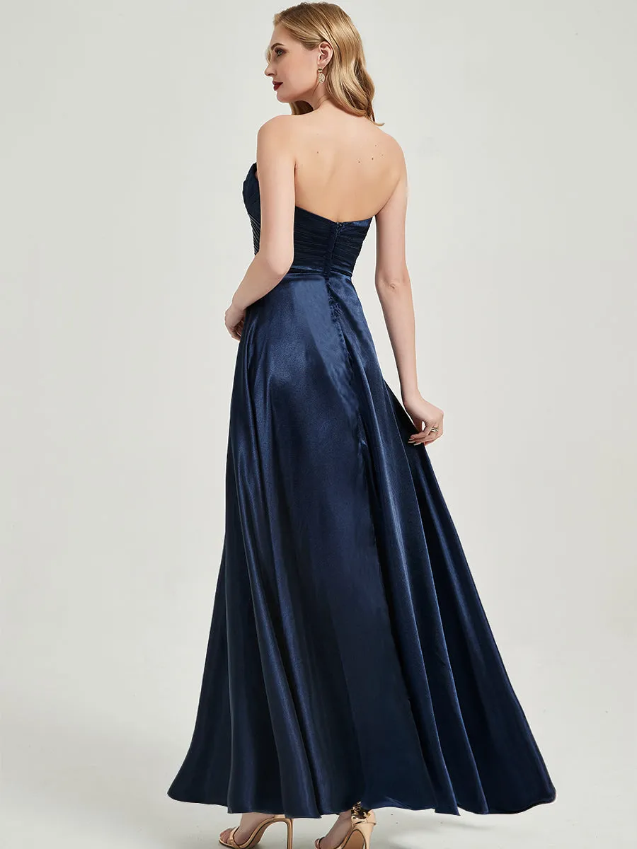 Navy Blue Satin Sweetheart Strapless Maxi Pleated Bridesmaid Dress