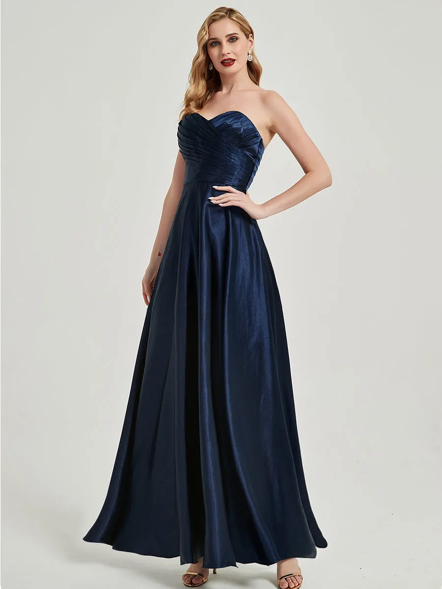 Navy Blue Satin Sweetheart Strapless Maxi Pleated Bridesmaid Dress