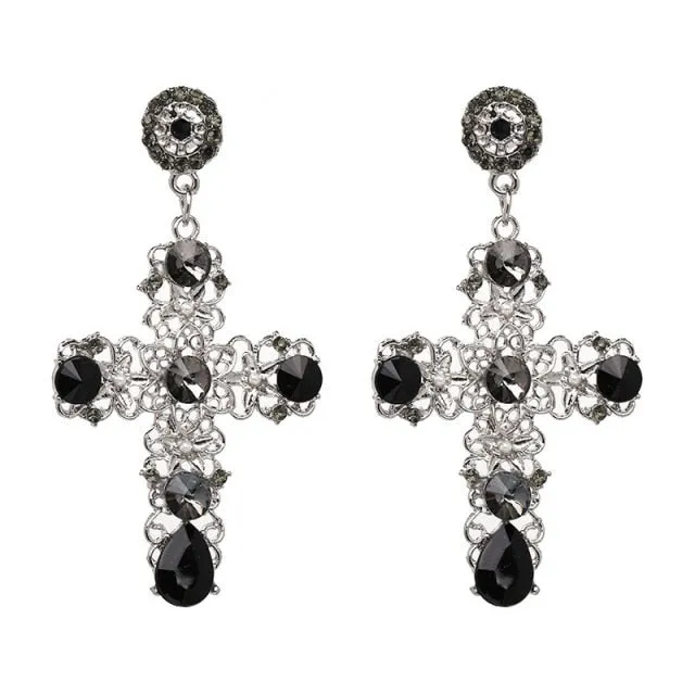 New Fashion Vintage Black Crystal Cross Drop Earrings for Women Pink Baroque Bohemian Large Long Earrings Jewelry