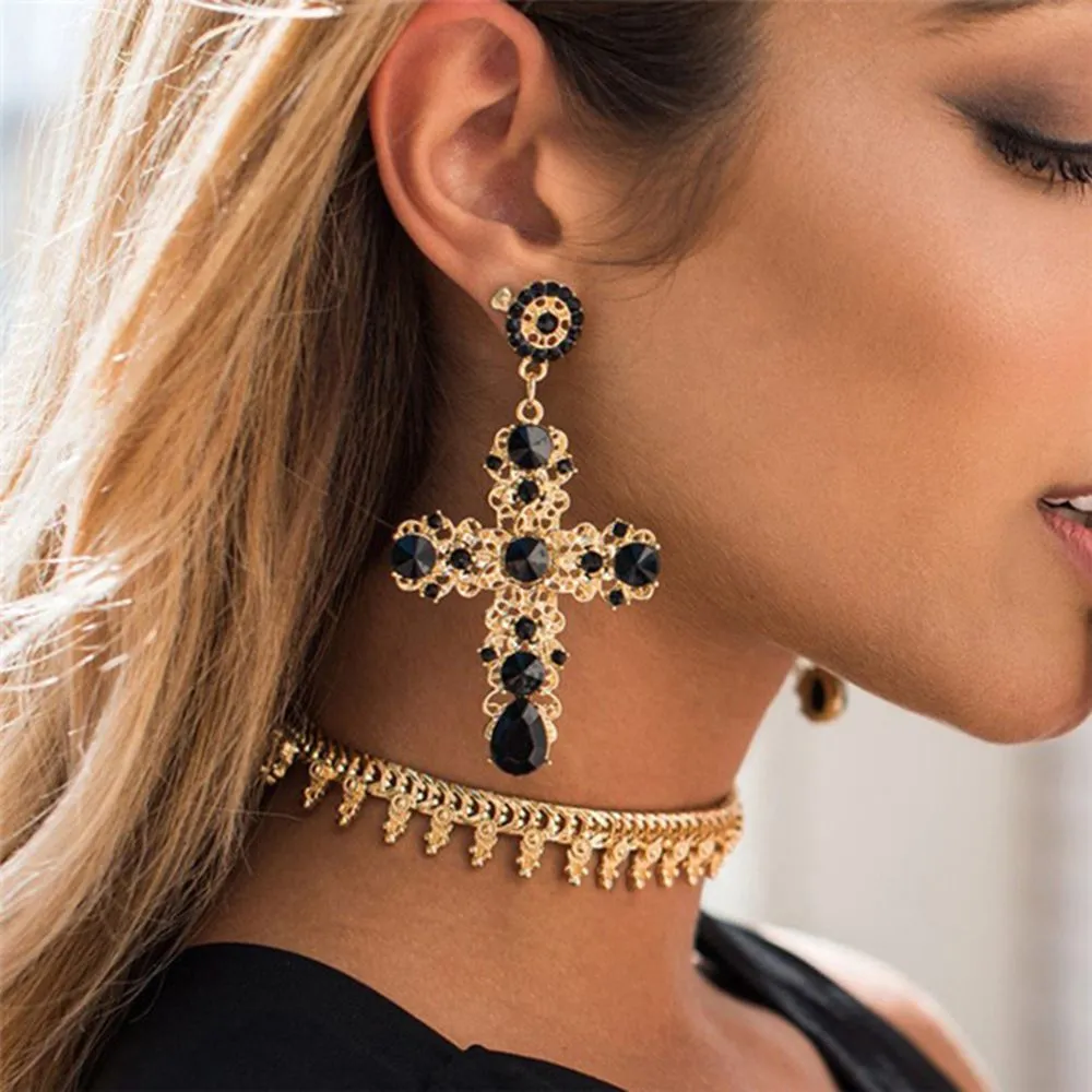New Fashion Vintage Black Crystal Cross Drop Earrings for Women Pink Baroque Bohemian Large Long Earrings Jewelry