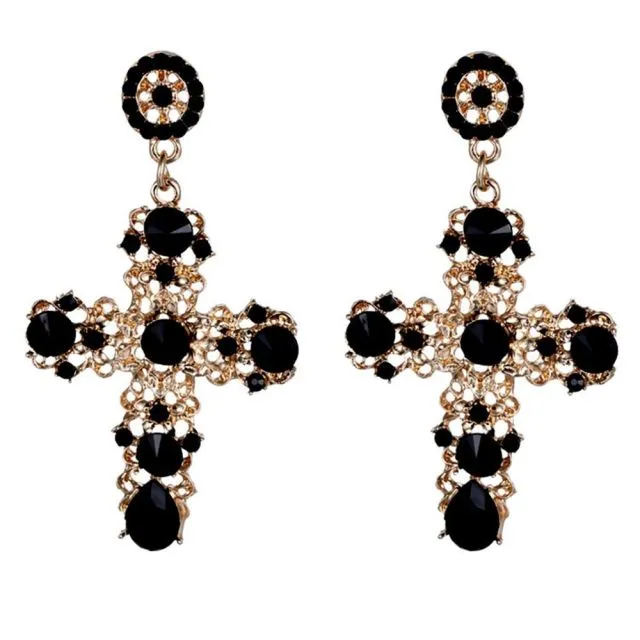 New Fashion Vintage Black Crystal Cross Drop Earrings for Women Pink Baroque Bohemian Large Long Earrings Jewelry