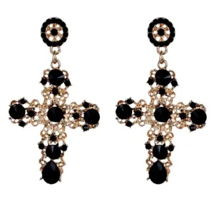 New Fashion Vintage Black Crystal Cross Drop Earrings for Women Pink Baroque Bohemian Large Long Earrings Jewelry