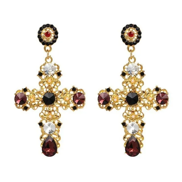 New Fashion Vintage Black Crystal Cross Drop Earrings for Women Pink Baroque Bohemian Large Long Earrings Jewelry