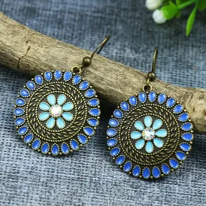 New Retro Style Round Flower Multicolor Pendant Earrings, BLUE