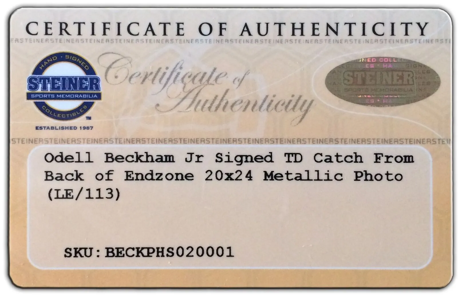 ODELL BECKHAM JR. Signed Metallic Paper 20 x 24 Photograph STEINER LE 113