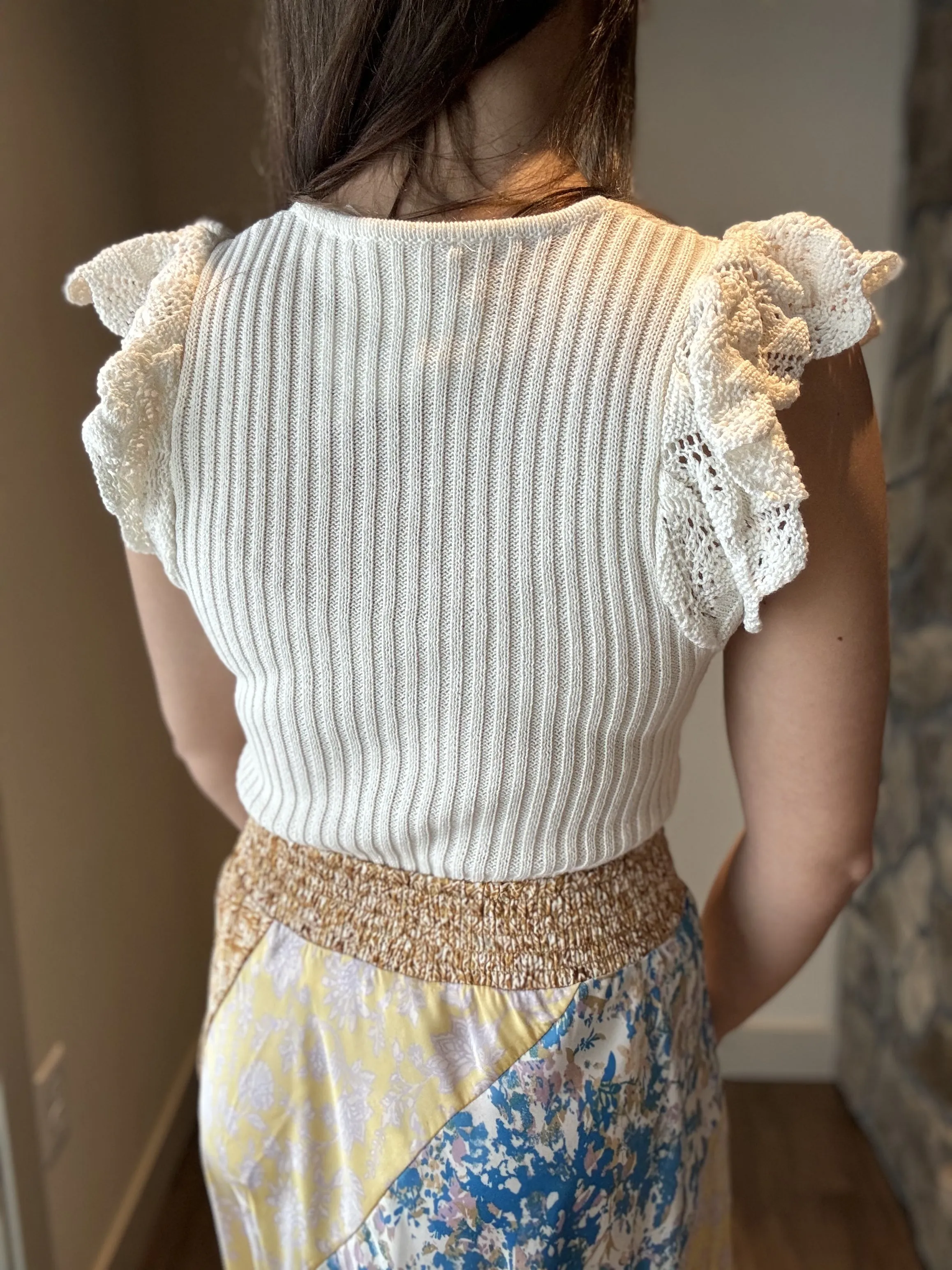 off white flutter crochet sleeve sweater