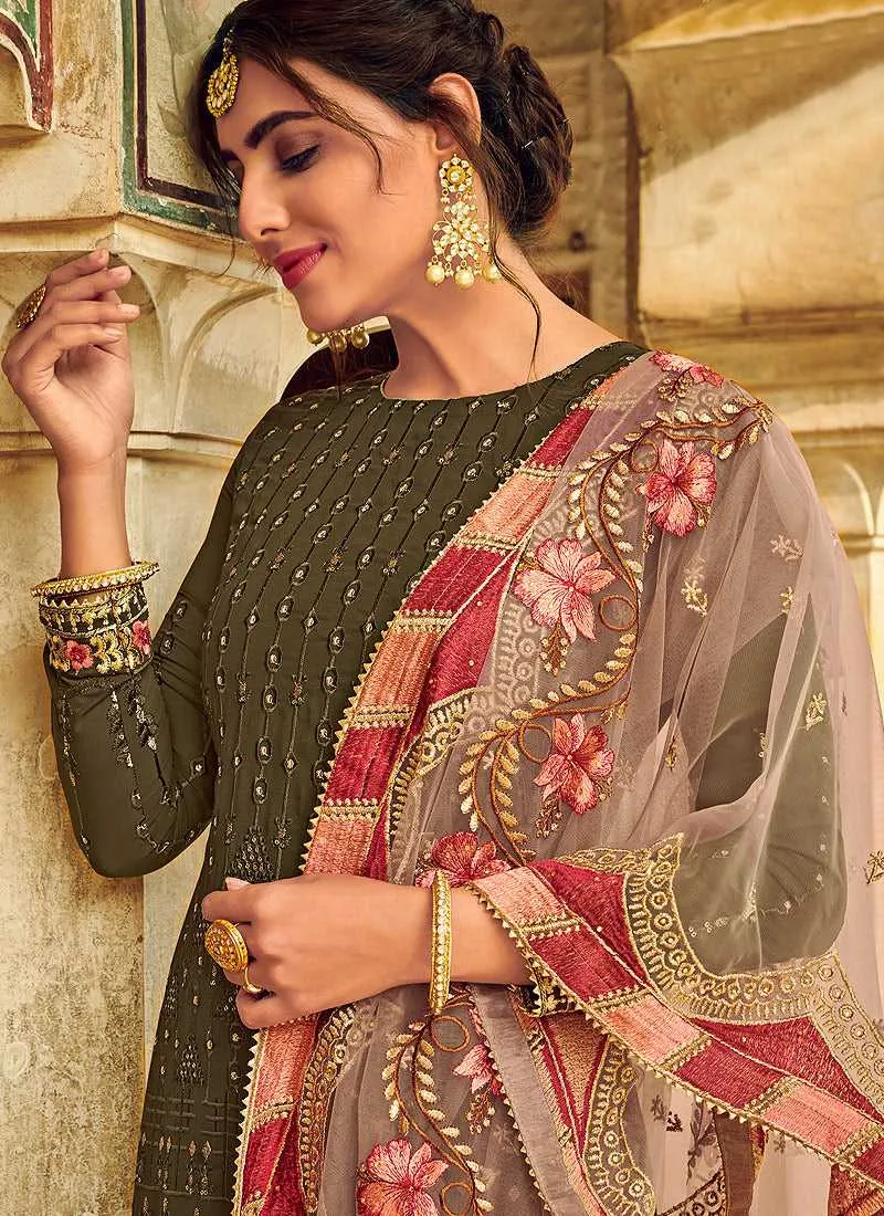 Olive Green Embroidered Palazzo Style Suit