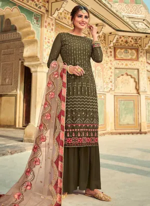 Olive Green Embroidered Palazzo Style Suit