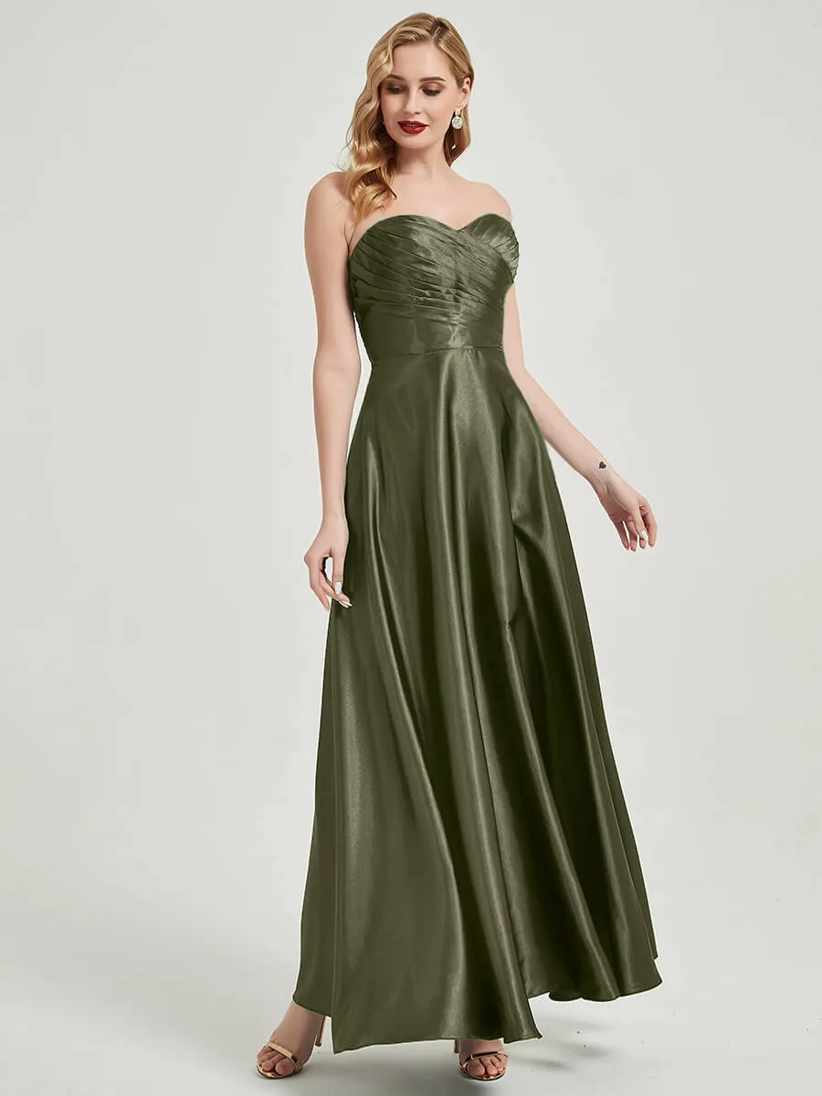 Olive Satin Sweetheart Strapless Floor Length Pleated Bridesmaid Dress