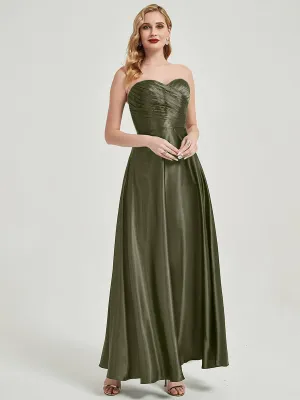 Olive Satin Sweetheart Strapless Floor Length Pleated Bridesmaid Dress