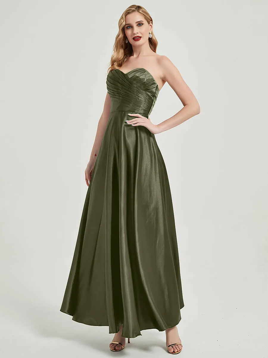 Olive Satin Sweetheart Strapless Floor Length Pleated Bridesmaid Dress