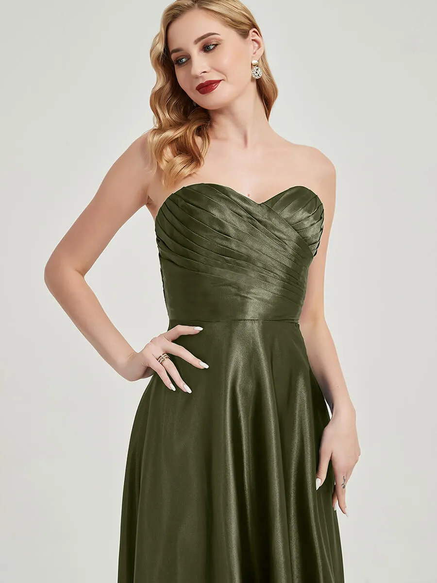 Olive Satin Sweetheart Strapless Floor Length Pleated Bridesmaid Dress