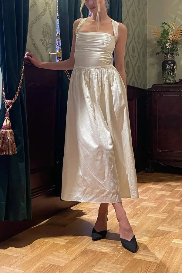 One-shoulder Halter Dress Satin Lace-up Pleated Long Dress