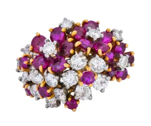 Oscar Heyman Retro 5.15 CTW Diamond Ruby 18 Karat Gold Cluster Flower Ring