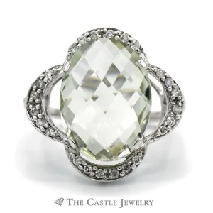 Oval Fantasy Cut Green Quartz Ring with Curved Flower Design Diamond Bezel in 14k White Gold