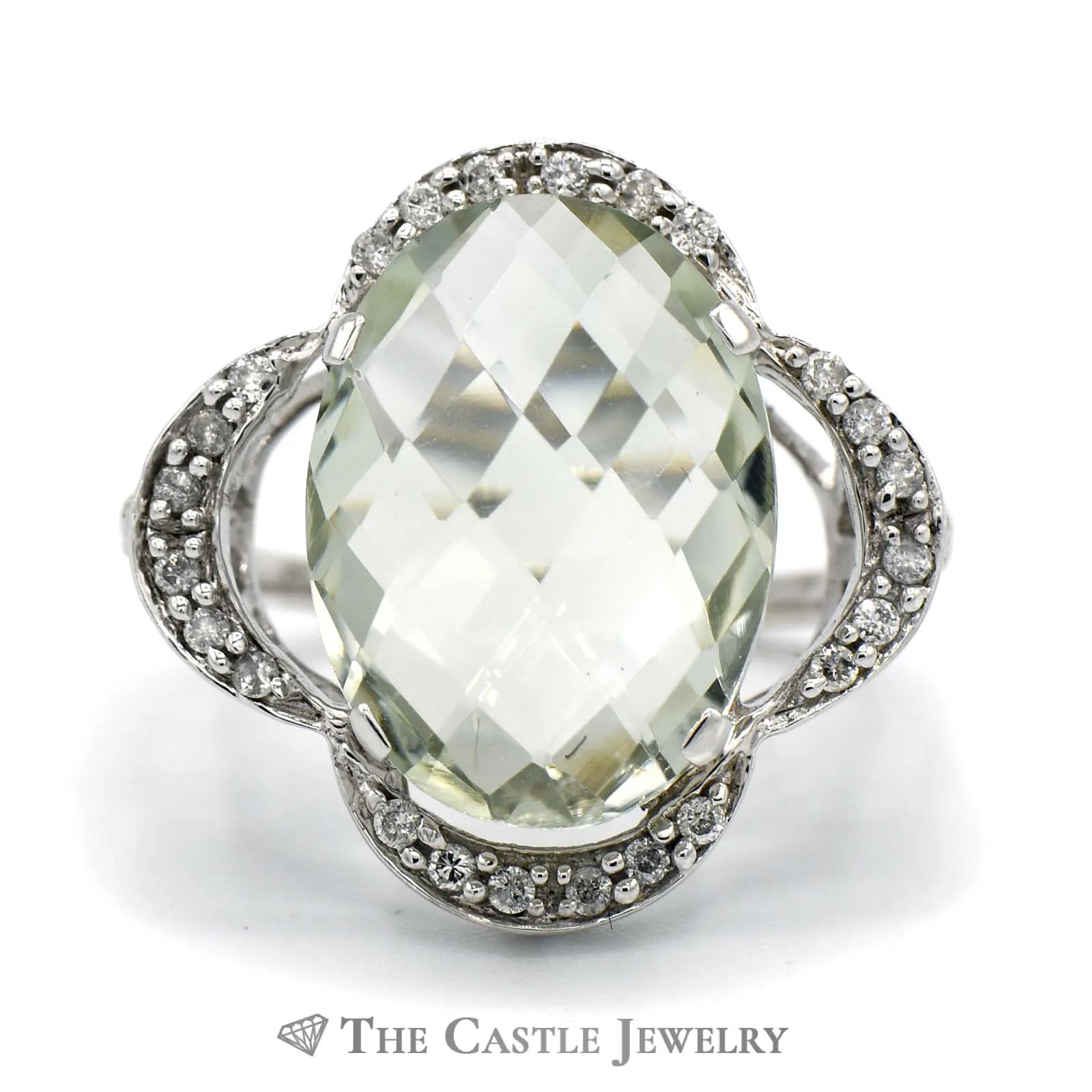Oval Fantasy Cut Green Quartz Ring with Curved Flower Design Diamond Bezel in 14k White Gold