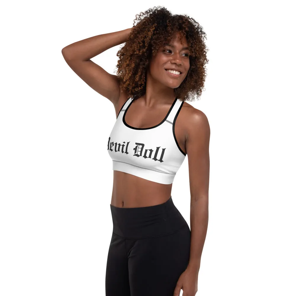 Padded Sports Bra - white w/ Old English (2 sided) 2 styles