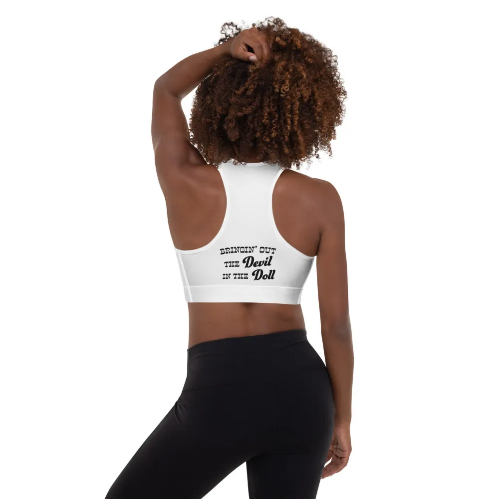 Padded Sports Bra - white w/ Old English (2 sided) 2 styles